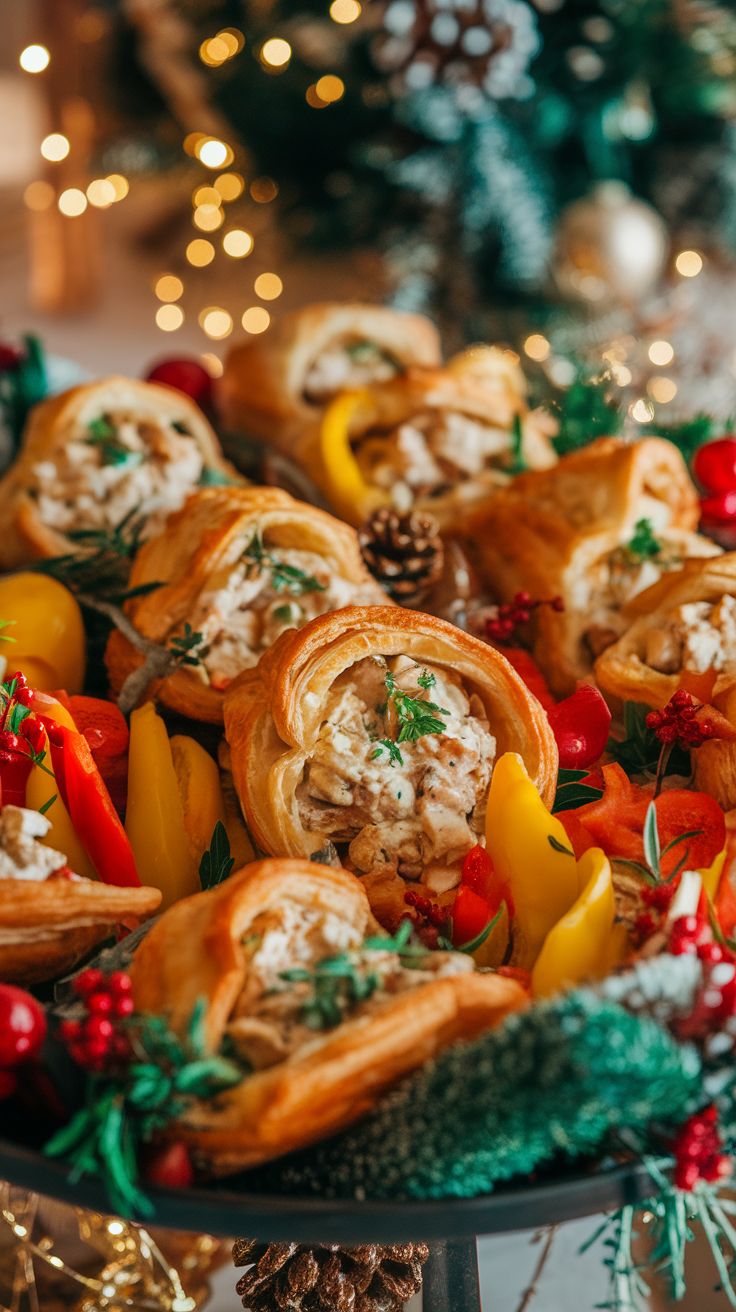 A colorful platter of Christmas finger food appetizers including chicken pastry bites and fresh veggies, perfect for a holiday gathering.